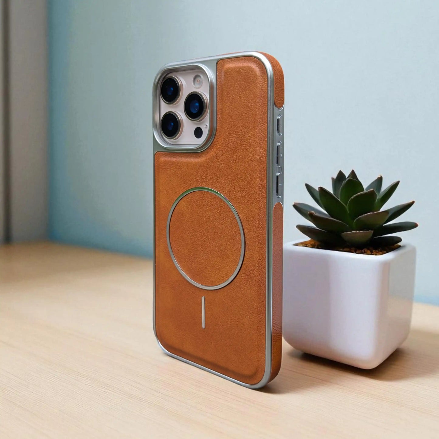 Back view of Brown PU Leather iPhone Case with MagSafe ring for iPhone 13 to 16 Pro Max