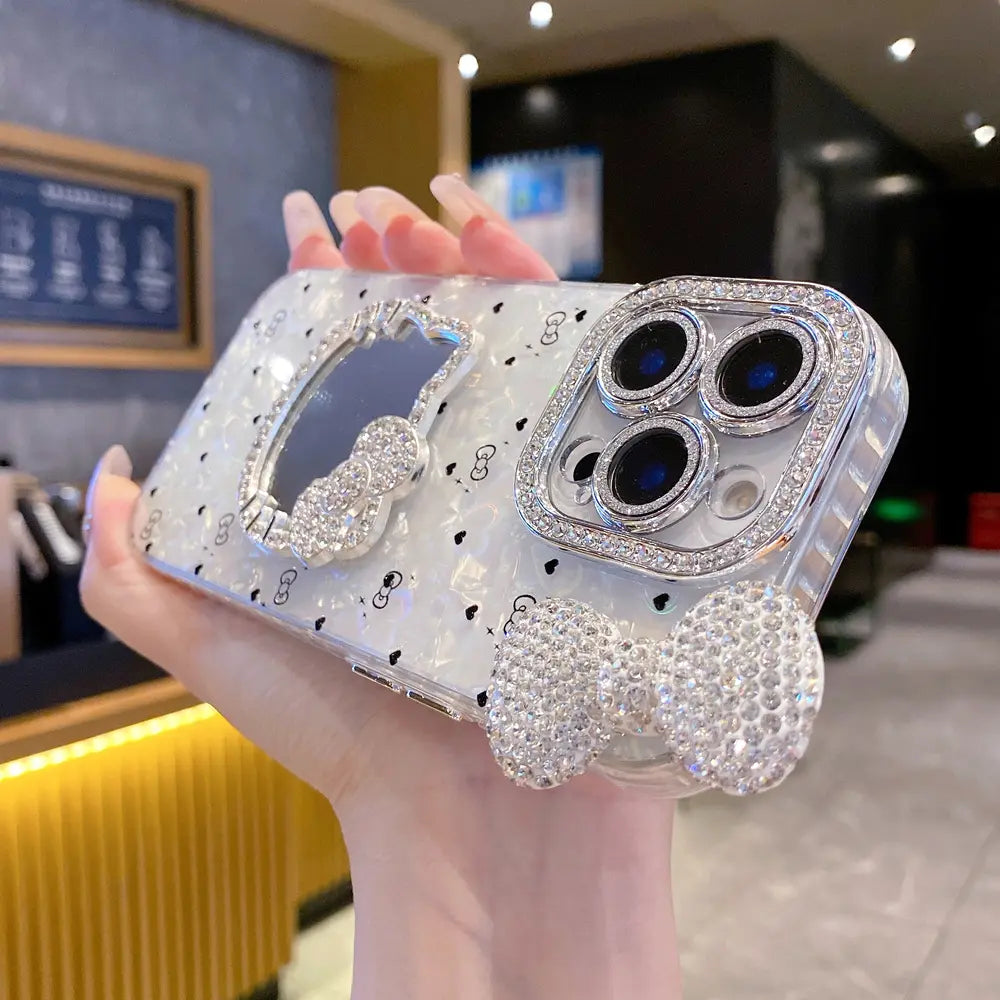 Stylish Bling Hello Kitty Phone Case for iPhone with Mirror Back and Lens Protection