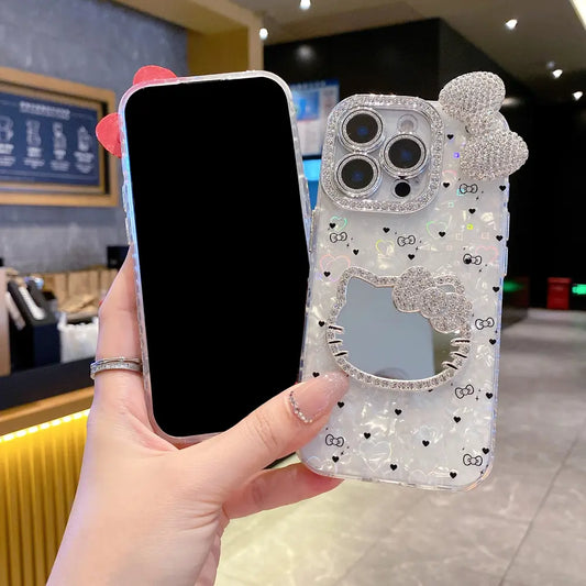 Luxury Hello Kitty iPhone Case with Built-in Mirror and Crystal Camera Lens Protector
