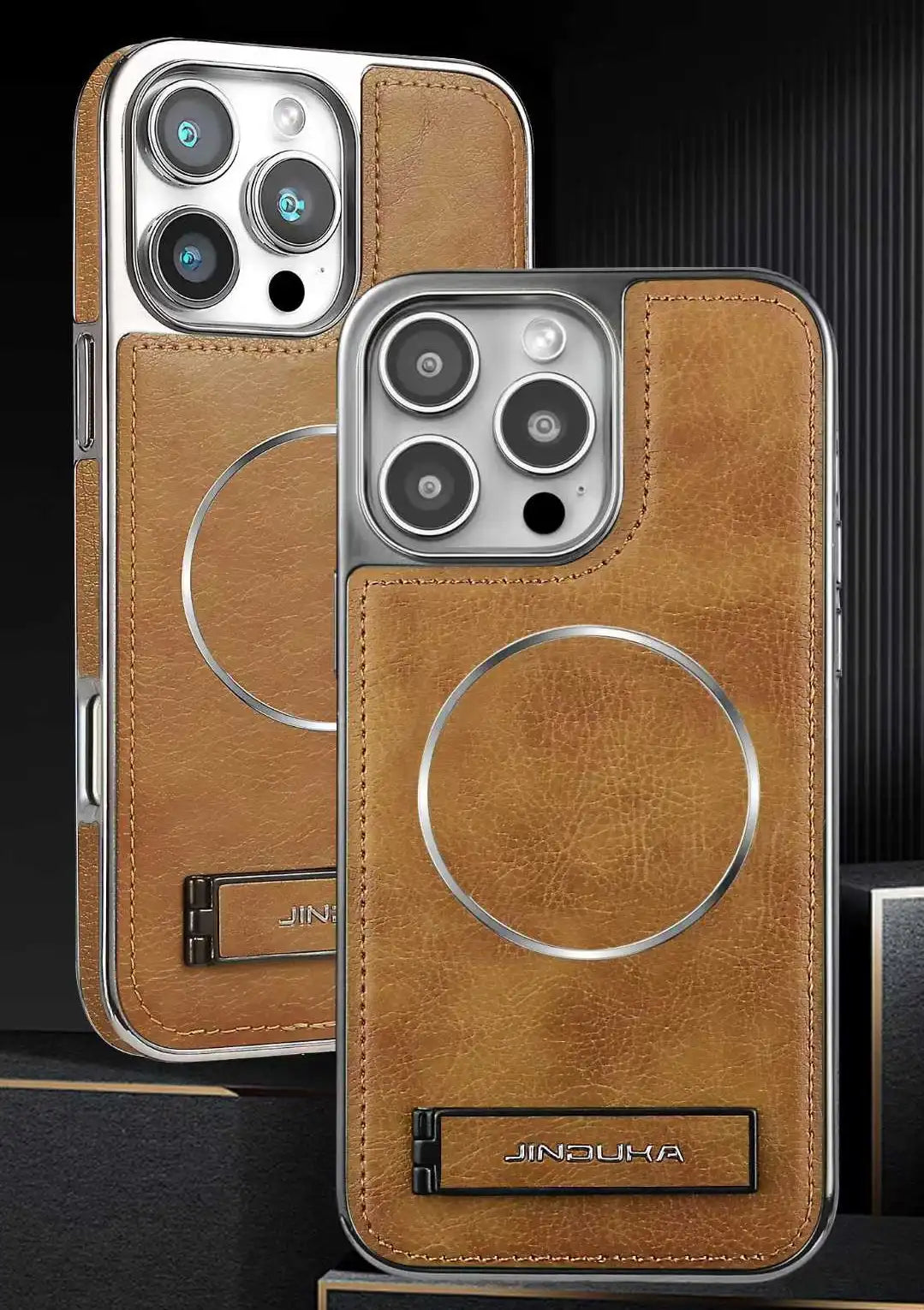 JINDUKA Classic PU Leather MagSafe Case in Brown with Kickstand
