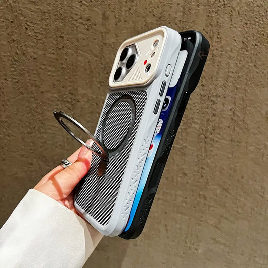 Cyber-Tech Carbon Texture Metal Stand MagSafe Case for iPhone