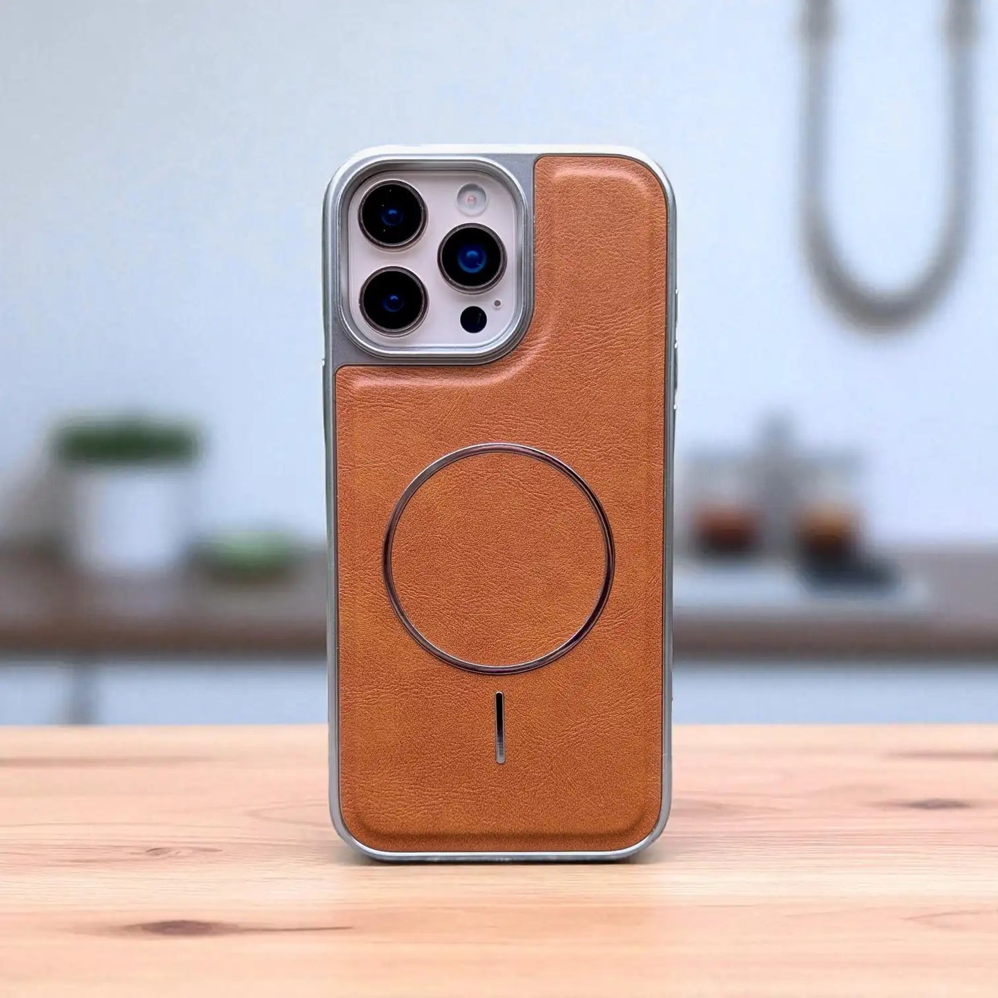 Brown Premium Magnetic PU Leather iPhone Cover with MagSafe for iPhone 12 to 16 Pro Max