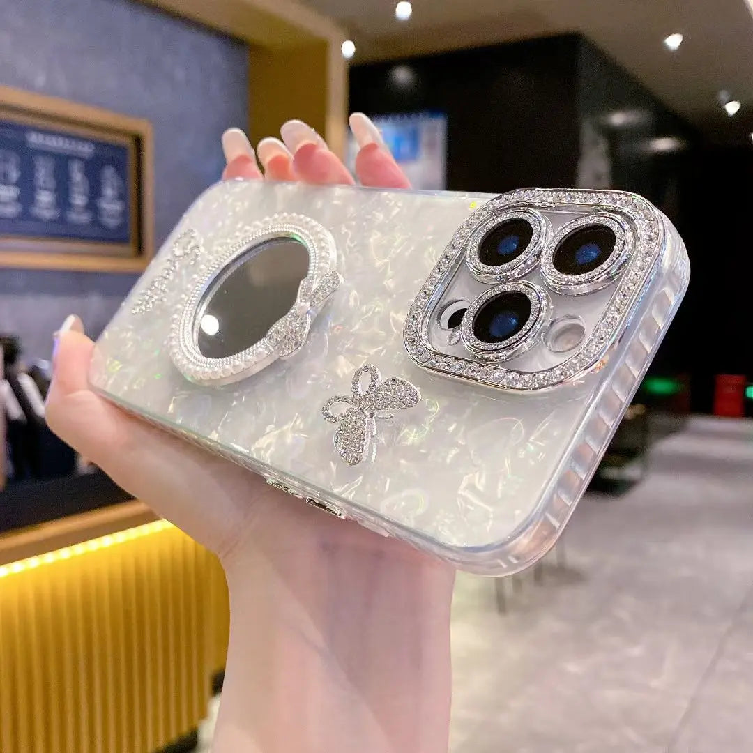 iPhone Lens Protector with Butterfly Pearl Mirror Case – Sparkling Crystal Design