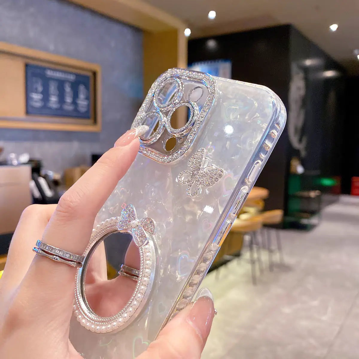 Stylish Pearl Mirror iPhone Case with Butterfly & Lens Protector – Fashion Phone Cover