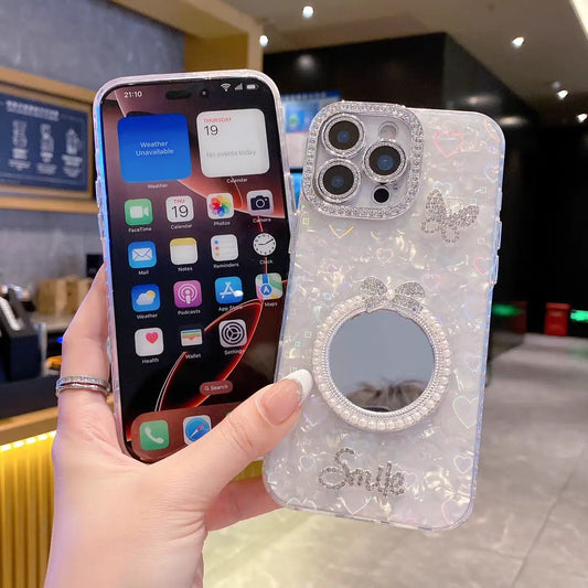 Pearl Mirror iPhone Case with Butterfly & Lens Protector – Luxury Front View Cover