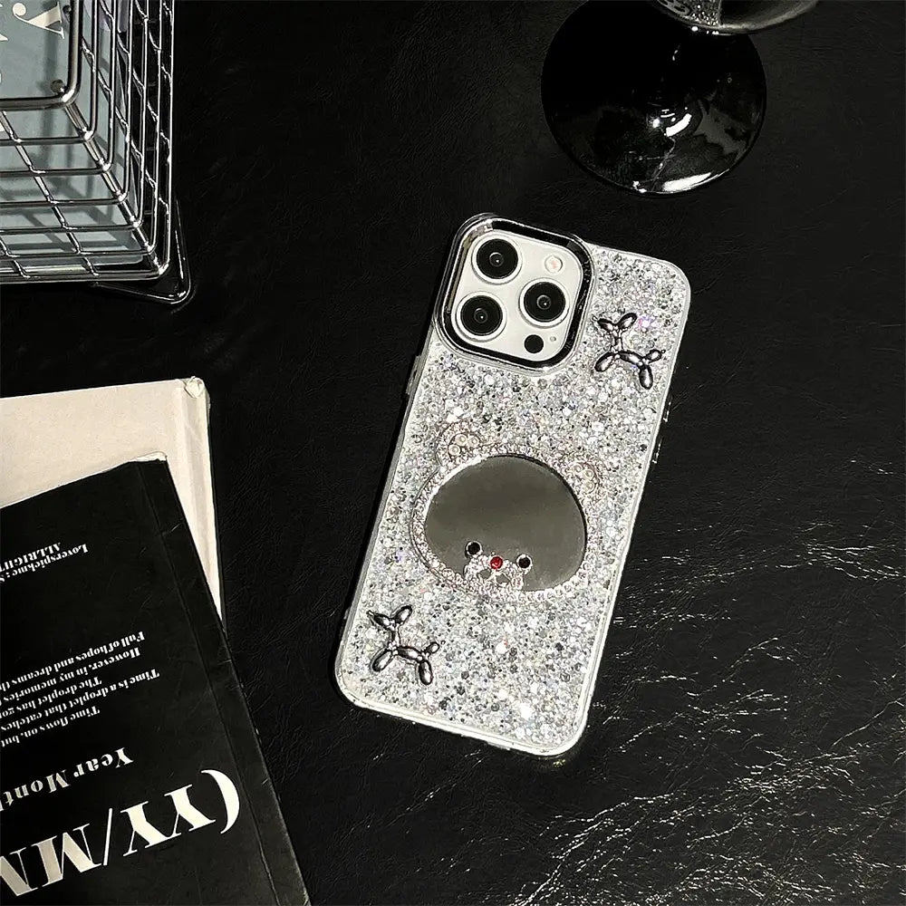 Stylish Mirror & Glitter Bling iPhone Case – Back View with Sparkling Glitter Finish