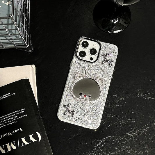 Stylish Mirror & Glitter Bling iPhone Case – Back View with Sparkling Glitter Finish