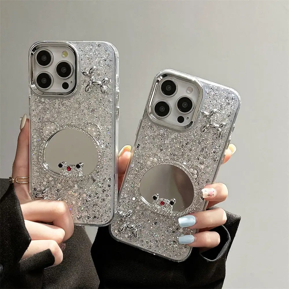 Luxury Mirror iPhone Case with Glitter Bling and 3D Balloon Dog Accent