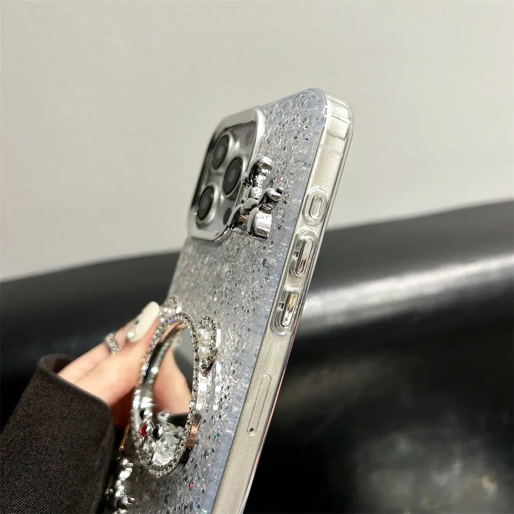 Stylish Mirror & Glitter Bling iPhone Cover – Side Angle Showing Shiny Details