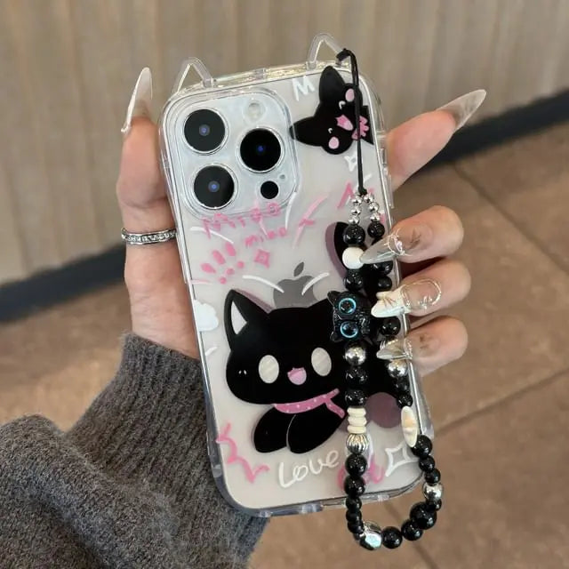 Cute Black Cat Ear iPhone Case with Strap