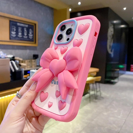 Cute 3D Pink Heart Bow Silicone Case for iPhone - BD Gadget