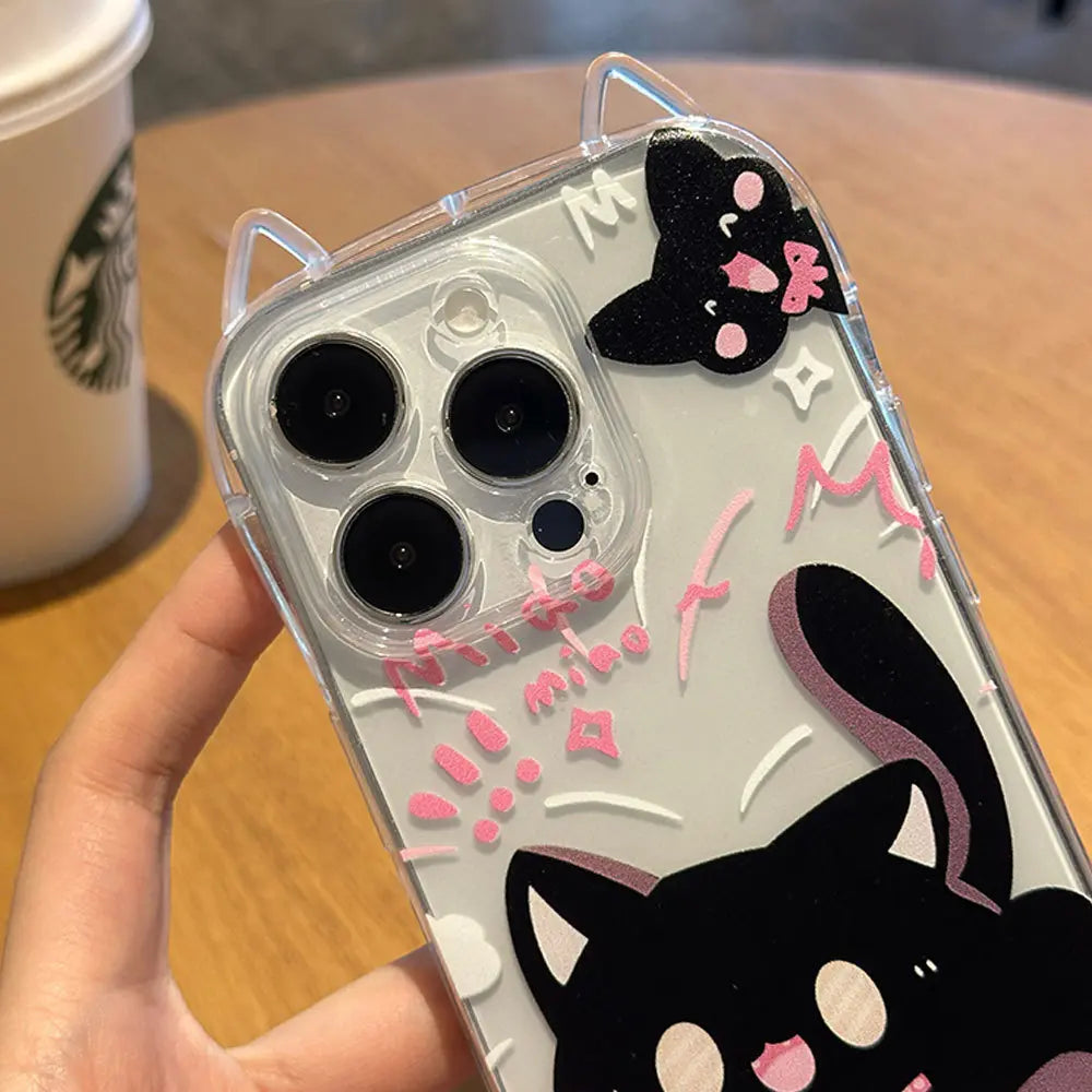 Cute Black Cat Ear iPhone Case with Strap