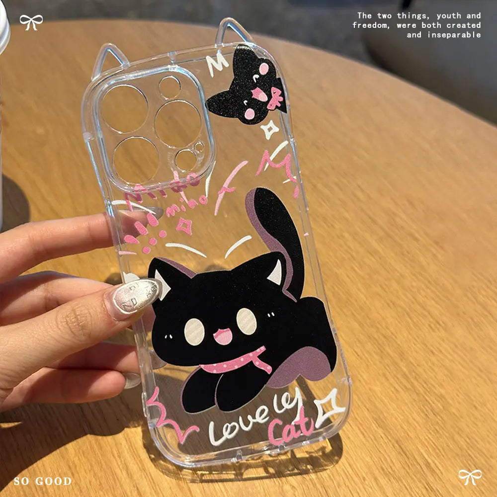 Cute Black Cat Ear iPhone Case with Strap