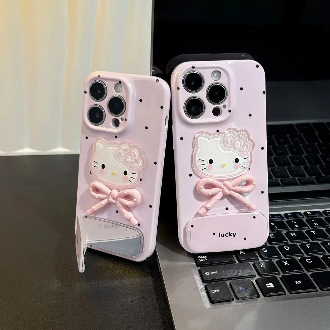 Lucky Kitty 3D Bow Mirror Stand Case for iPhone - BD Gadget