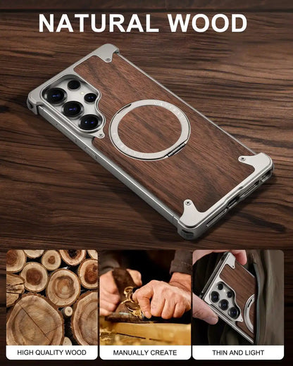 OATSBASF Magnetic Wooden Case for Samsung Galaxy S24 / S25 / S26 Ultra – 360° Ring Stand Cover