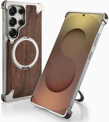 OATSBASF Magnetic Wooden Case for Samsung Galaxy S24 / S25 / S26 Ultra – 360° Ring Stand Cover