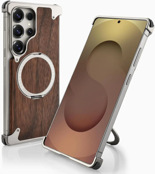 OATSBASF Magnetic Wooden Case for Samsung Galaxy S24 / S25 / S26 Ultra – 360° Ring Stand Cover