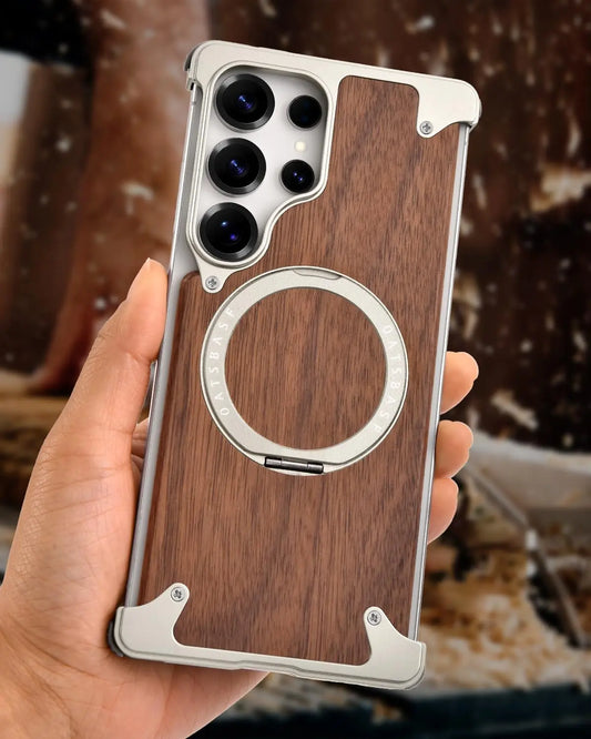 OATSBASF Magnetic Wooden Case for Samsung Galaxy S24 / S25 / S26 Ultra – 360° Ring Stand Cover