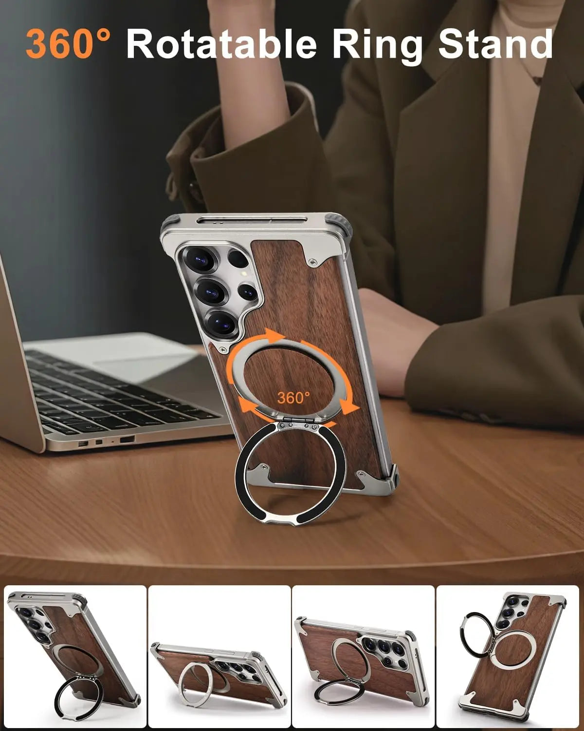 OATSBASF Magnetic Wooden Case for Samsung Galaxy S24 / S25 / S26 Ultra – 360° Ring Stand Cover