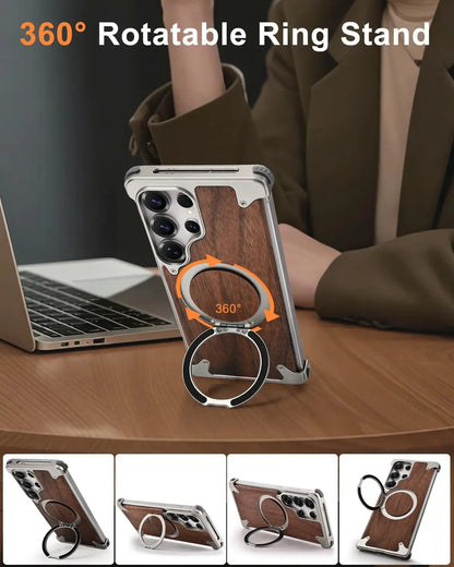 OATSBASF Magnetic Wooden Case for Samsung Galaxy S24 / S25 / S26 Ultra – 360° Ring Stand Cover