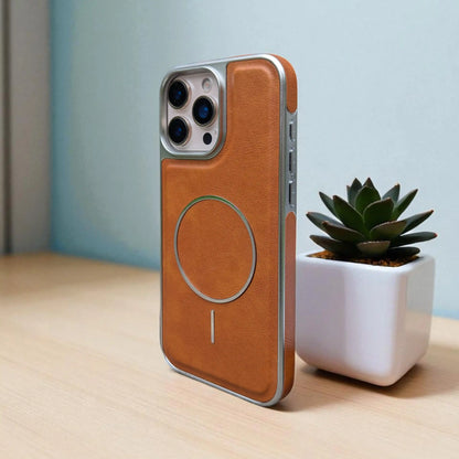 Back view of Brown PU Leather iPhone Case with MagSafe ring for iPhone 13 to 16 Pro Max