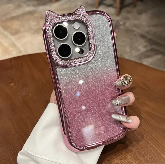 Glittery Cat Ear iPhone Case with raised camera bump and sparkling stone design – stylish protective cover
