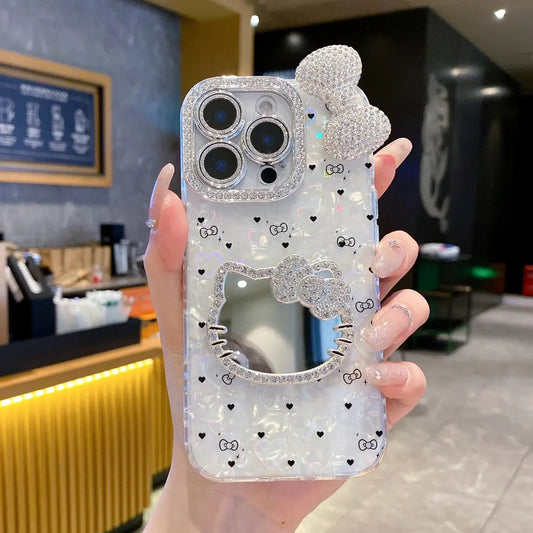 Hello Kitty Mirror iPhone Case with Camera Lens Protector and Rhinestone Bow – Cute Bling Cover