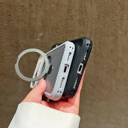 Cyber-Tech Carbon Texture Metal Stand MagSafe Case for iPhone
