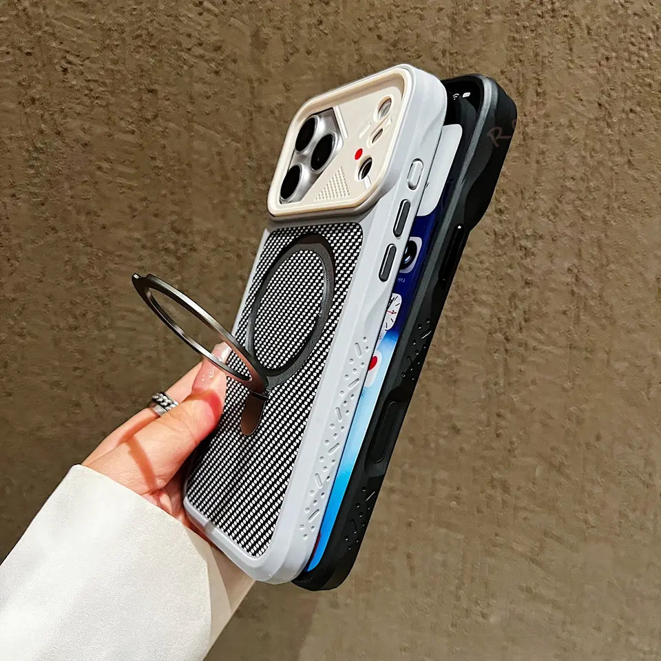 Cyber-Tech Carbon Texture Metal Stand MagSafe Case for iPhone