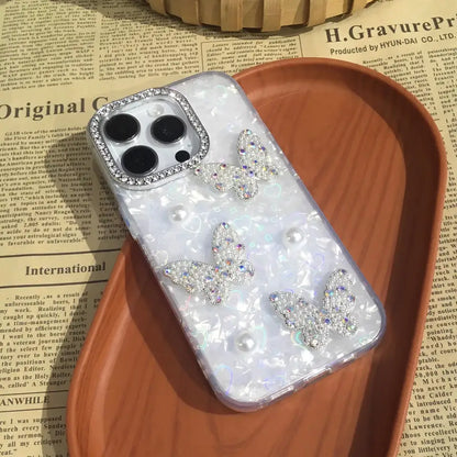 3D Pearl & Rhinestone Butterfly Case With Charm for iPhone