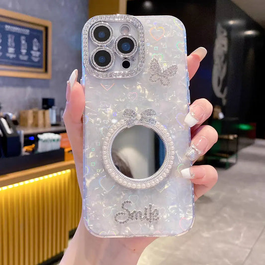 Stylish Pearl Mirror iPhone Case with Butterfly & Lens Protector – Fashion Phone Cover