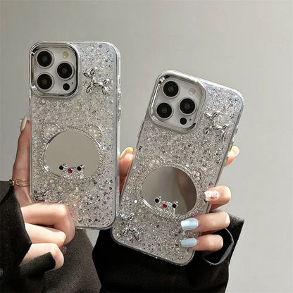 Luxury Mirror iPhone Case with Glitter Bling and 3D Balloon Dog Accent
