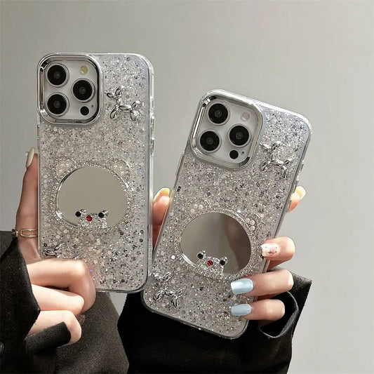 Luxury Mirror iPhone Case with Glitter Bling and 3D Balloon Dog Accent