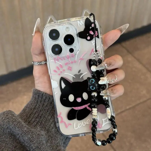 Cute Black Cat Ear iPhone Case with Strap