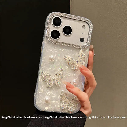 3D Pearl & Rhinestone Butterfly Case With Charm for iPhone