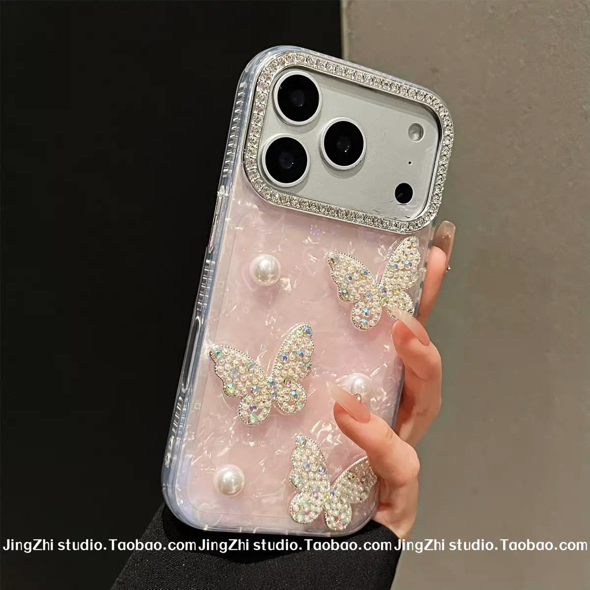 3D Pearl & Rhinestone Butterfly Case With Charm for iPhone