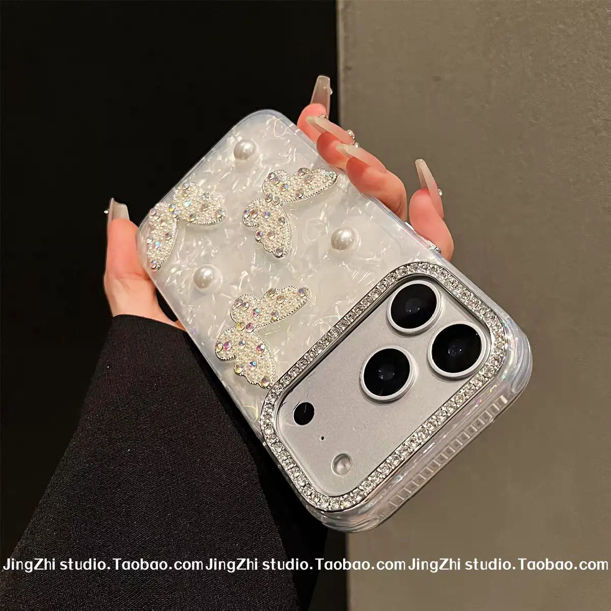 3D Pearl & Rhinestone Butterfly Case With Charm for iPhone