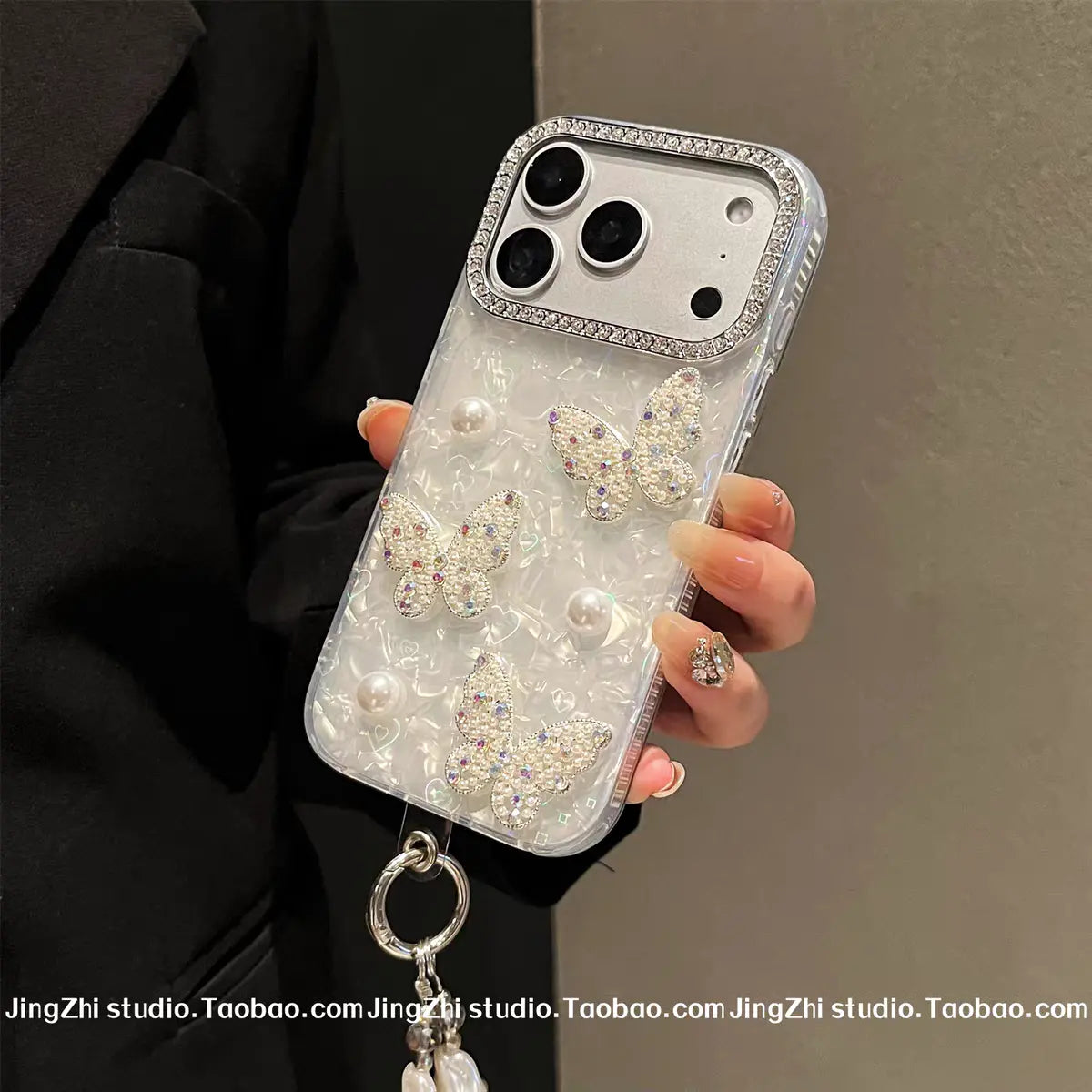 3D Pearl & Rhinestone Butterfly Case With Charm for iPhone