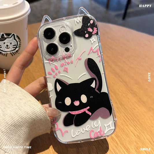 Cute Black Cat Ear iPhone Case with Strap